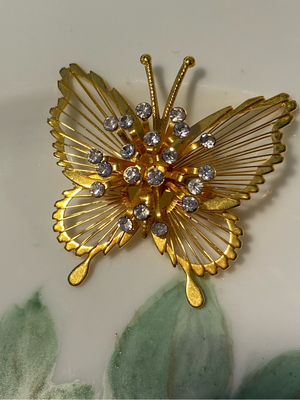 Monet Gold Butterfly Brooch with Clear Rhinestones
